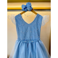 Vestido Infantil Azul Claro C/ Renda Strass e Pérolas Damas