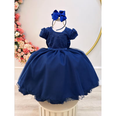 Vestido Infantil Azul Marinho Busto C/ Renda Festa Casamento