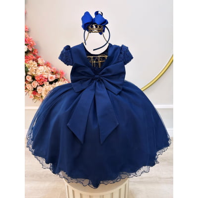 Vestido Infantil Azul Marinho Busto C/ Renda Festa Casamento