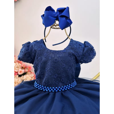 Vestido Infantil Azul Marinho Busto C/ Renda Festa Casamento