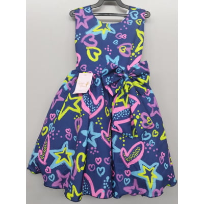 Vestido Infantil Barbie Azul Marinho Neon C/ Broche de Laço