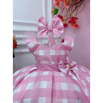 Vestido Infantil Barbie Rosa Xadrez Branco Com Laço