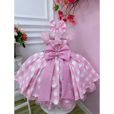 Vestido Infantil Barbie Rosa Xadrez Branco Com Laço