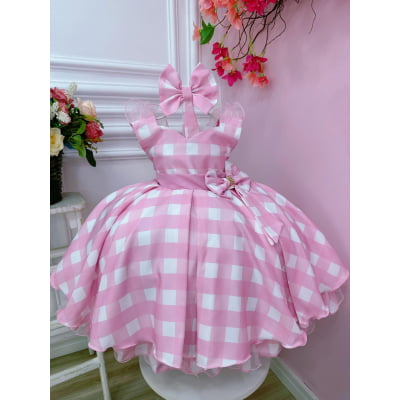 Vestido Infantil Barbie Rosa Xadrez Branco Com Laço