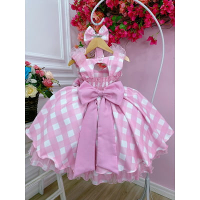 Vestido Infantil Barbie Rosa Xadrez Branco Com Laço