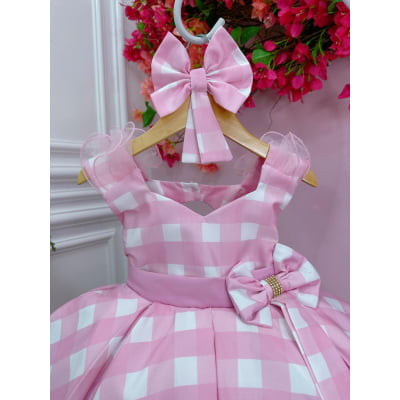 Vestido Infantil Barbie Rosa Xadrez Branco Com Laço