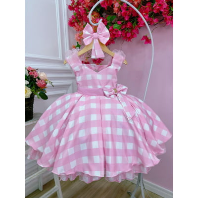 Vestido Infantil Barbie Rosa Xadrez Branco Com Laço