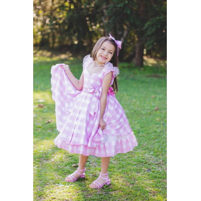 Vestido Infantil Barbie Rosa Xadrez Branco Com Laço