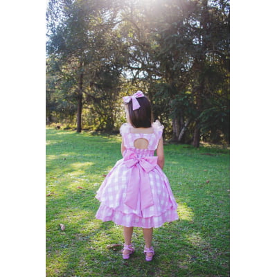 Vestido Infantil Barbie Rosa Xadrez Branco Com Laço