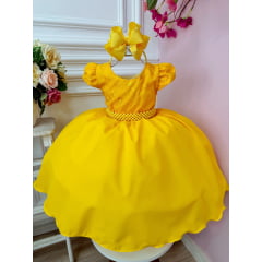 Vestido Infantil Amarelo Busto C/ Renda e Cinto de Pérolas