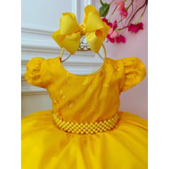 Vestido Infantil Amarelo Busto C/ Renda e Cinto de Pérolas