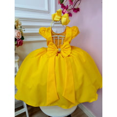 Vestido Infantil Amarelo Busto C/ Renda e Cinto de Pérolas