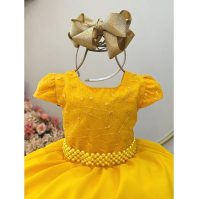 Vestido Infantil Amarelo Busto Com Renda Damas Festas