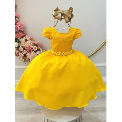 Vestido Infantil Amarelo Busto Com Renda Damas Festas