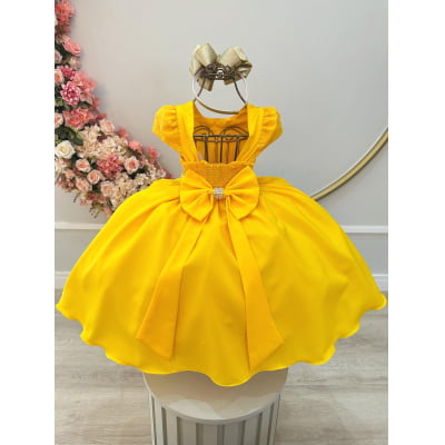 Vestido Infantil Amarelo Busto Com Renda Damas Festas