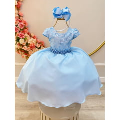 Vestido Infantil Azul Bebê Busto C/ Renda e Cinto Pérolas