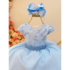 Vestido Infantil Azul Bebê Busto C/ Renda e Cinto Pérolas