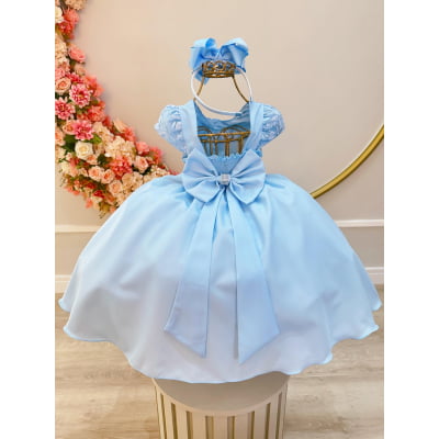 Vestido Infantil Azul Bebê Busto C/ Renda e Cinto Pérolas
