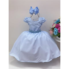Vestido Infantil Azul C/ Renda Cinto Pérolas Luxo Batizado