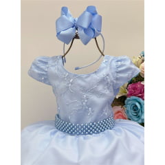 Vestido Infantil Azul C/ Renda Cinto Pérolas Luxo Batizado