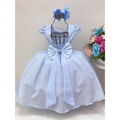 Vestido Infantil Azul C/ Renda Cinto Pérolas Luxo Batizado