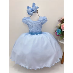 Vestido Infantil Azul C/ Renda Cinto Pérolas Luxo 