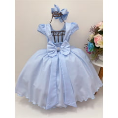 Vestido Infantil Azul C/ Renda Cinto Pérolas Luxo 