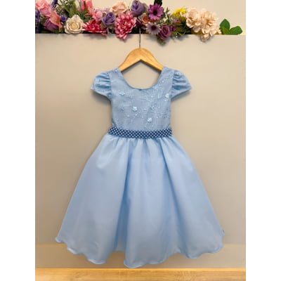 Vestido Infantil Azul Claro Busto C/ Renda Festas Daminhas