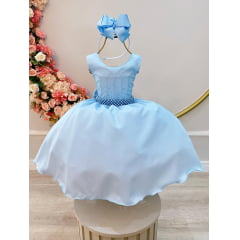 Vestido Infantil Azul Claro Busto Com Strass Daminhas