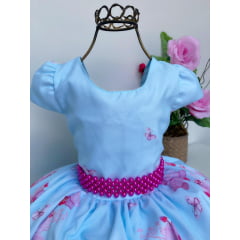Vestido Infantil Azul Claro Floral Cinto Pérolas Pink Luxo