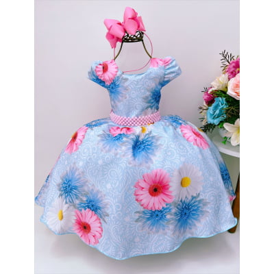 Vestido Infantil Azul Florido Com Cinto de Pérolas