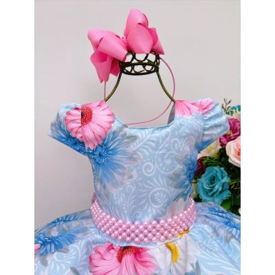 Vestido Infantil Azul Florido Com Cinto de Pérolas