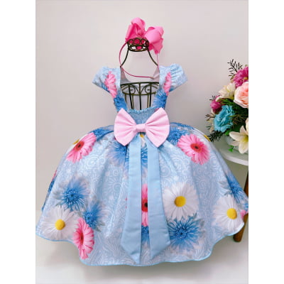 Vestido Infantil Azul Florido Com Cinto de Pérolas
