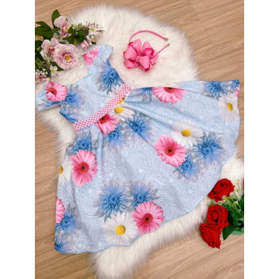 Vestido Infantil Azul Florido Com Cinto de Pérolas