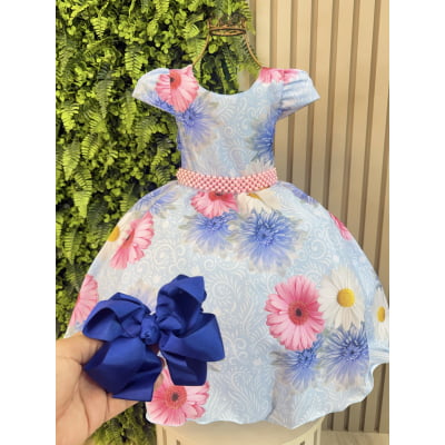 Vestido Infantil Azul Florido + Laço ou Tiara