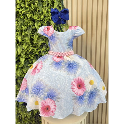 Vestido Infantil Azul Florido + Laço ou Tiara