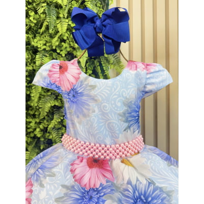 Vestido Infantil Azul Florido + Laço ou Tiara