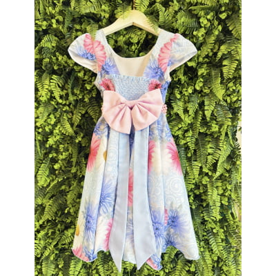 Vestido Infantil Azul Florido + Laço ou Tiara