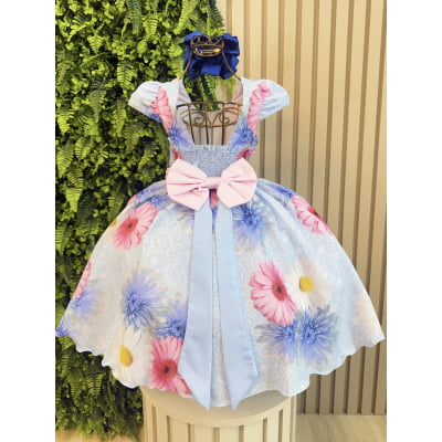 Vestido Infantil Azul Florido + Laço ou Tiara