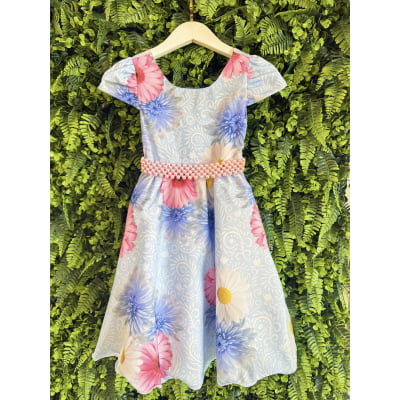Vestido Infantil Azul Florido + Laço ou Tiara