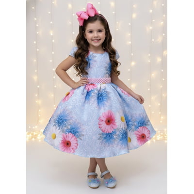 Vestido Infantil Azul Florido + Laço ou Tiara