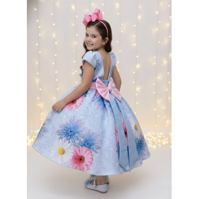 Vestido Infantil Azul Florido + Laço ou Tiara