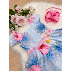 Vestido Infantil Azul Florido Com Cinto de Pérolas