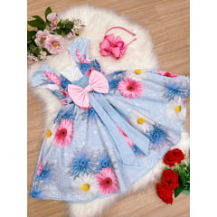 Vestido Infantil Azul Florido Com Cinto de Pérolas