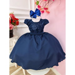 Vestido Infantil Azul Marinho Busto C/ Renda e Cinto Pérolas