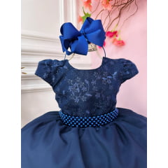 Vestido Infantil Azul Marinho Busto C/ Renda e Cinto Pérolas