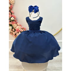 Vestido Infantil Azul Marinho Busto C/ Strass Daminhas