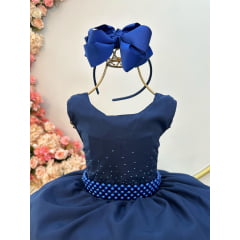 Vestido Infantil Azul Marinho Busto C/ Strass Daminhas