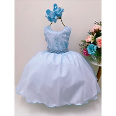 Vestido Infantil Azul Renda Cinto Pérolas Luxo Batizado