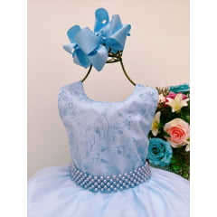 Vestido Infantil Azul Renda Cinto Pérolas Luxo Batizado